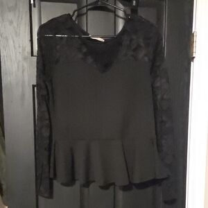 Elegant Black Peplum Top with Lace Sleeves